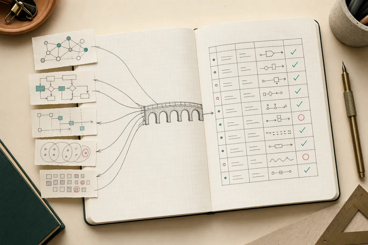An engineer’s squared notebook showing five API diagram slips crossing a drawn bridge into a checked evidence ledger